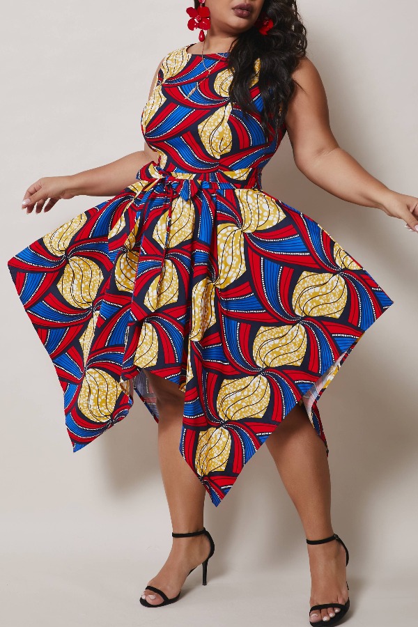 

lovely Stylish O Neck Asymmetrical Print Red Mid Calf Plus Size Dress
