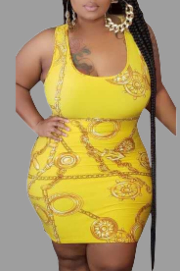 

lovely Casual O Neck Print Yellow Mini Plus Size Dress