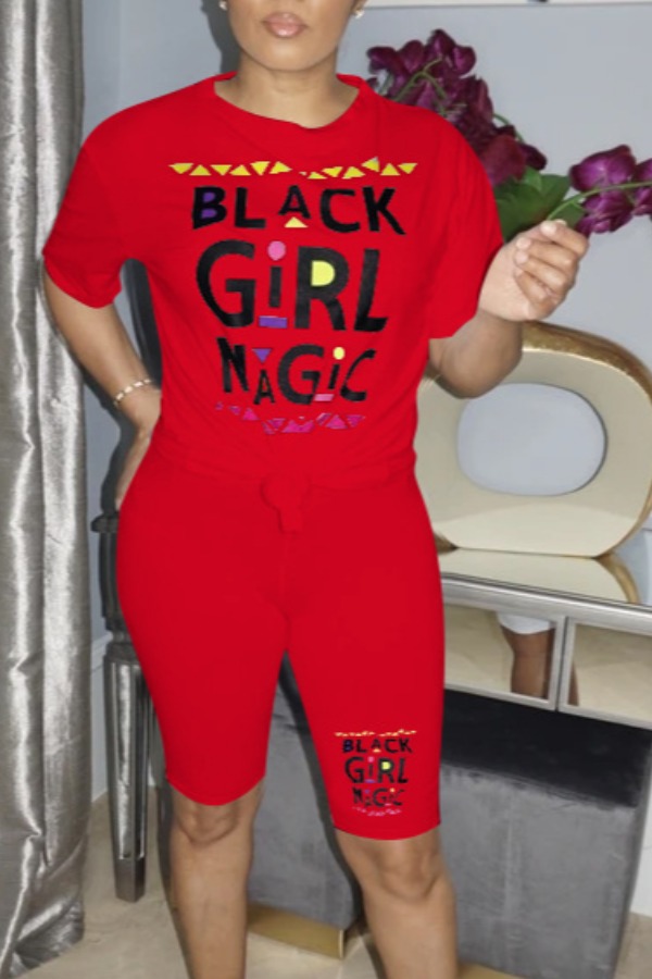 

lovely Leisure Letter Print Red Two-piece Shorts Set