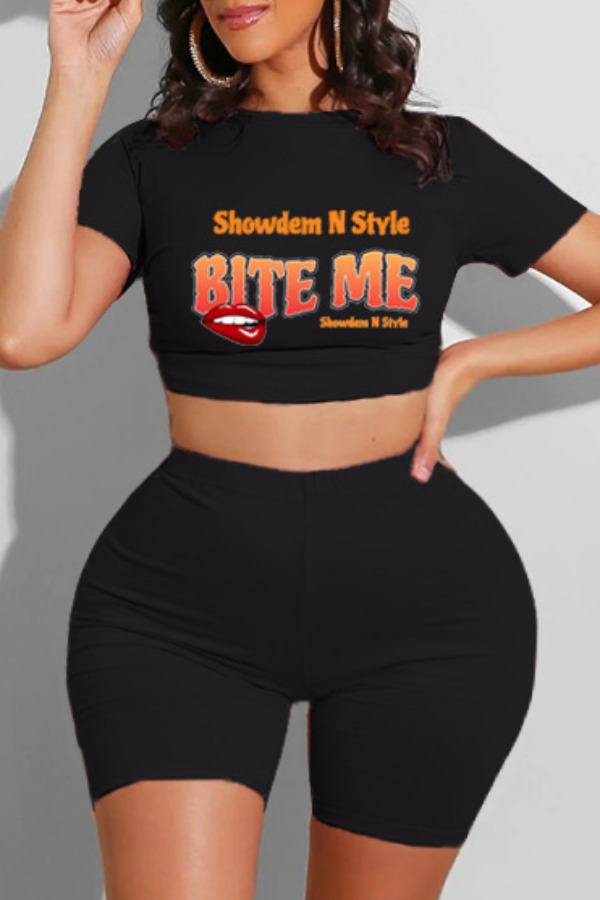 

lovely Casual O Neck Letter Print Black Plus Size Two-piece Activewear