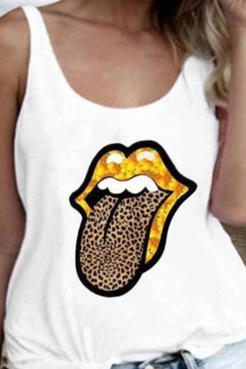 

Lovely Casual Lip Print White Camisole