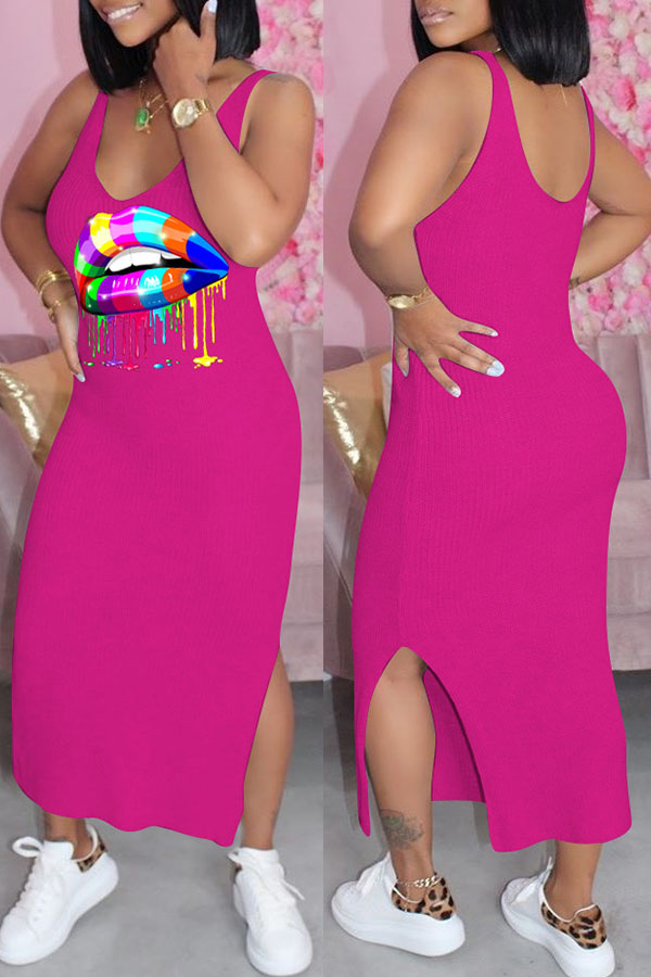 

Lovely Casual Lip Print Backless Rose Red Ankle Length Dress