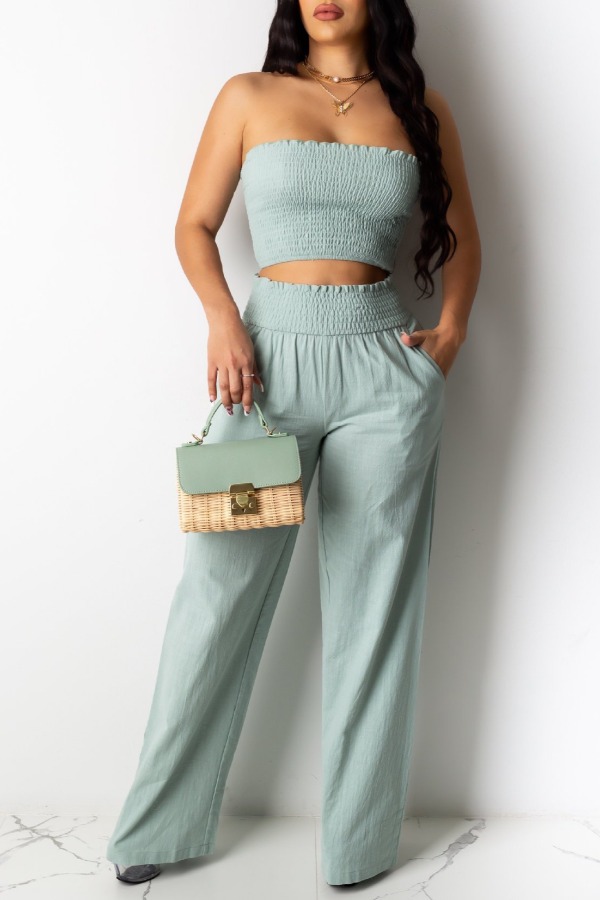 

lovely Bohemian Off The Shoulder Pocket Blue Two-piece Pants Set