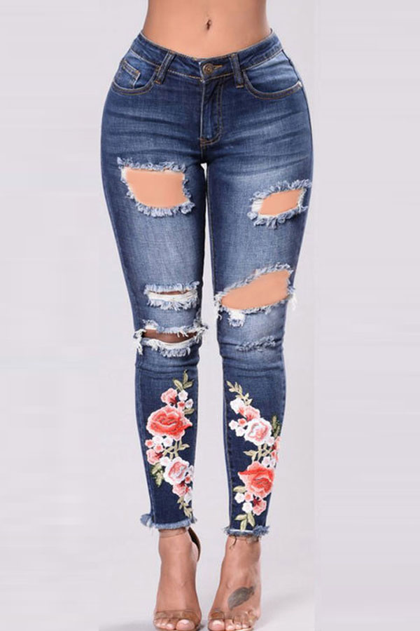 

lovely Casual High-waisted Broken Holes Deep Blue Jeans