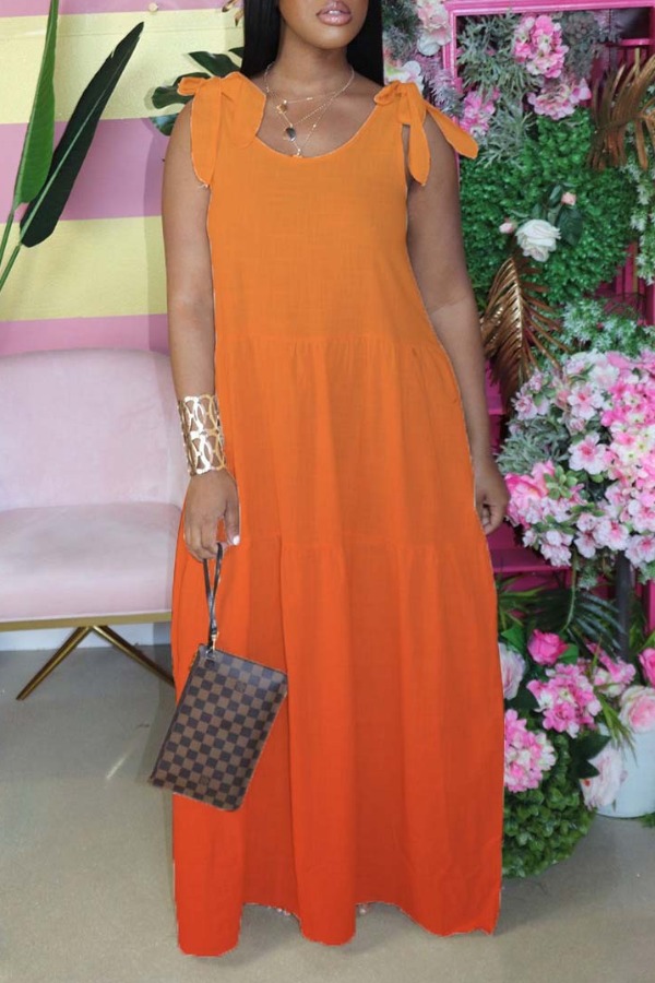 

lovely Bohemian Lace-up Loose Orange Red Maxi Dress