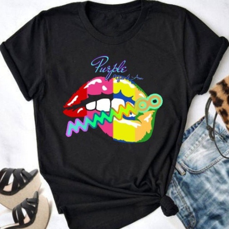 

lovely Leisure O Neck Lip Print Black T-shirt