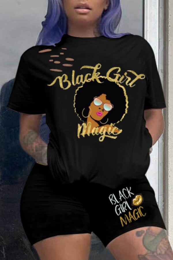 

Lovely Casual O Neck Print Black Two-piece Shorts Set