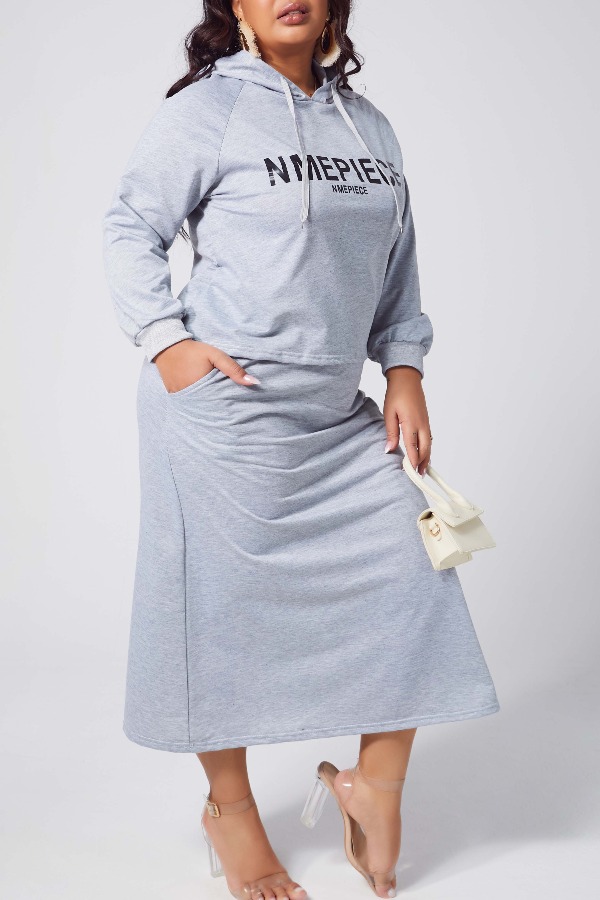 

lovely Leisure Letter Print Grey Plus Size Two-piece Skirt Set