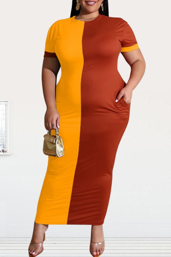 

lovely Casual Patchwork Yellow Ankle Length Plus Size Dress