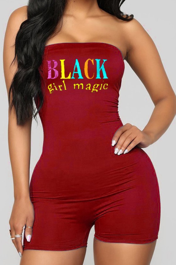 

Lovely Casual Letter Print Wine Red One-piece Romper