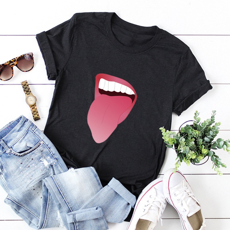 

lovely Casual O Neck Lip Print Black T-shirt