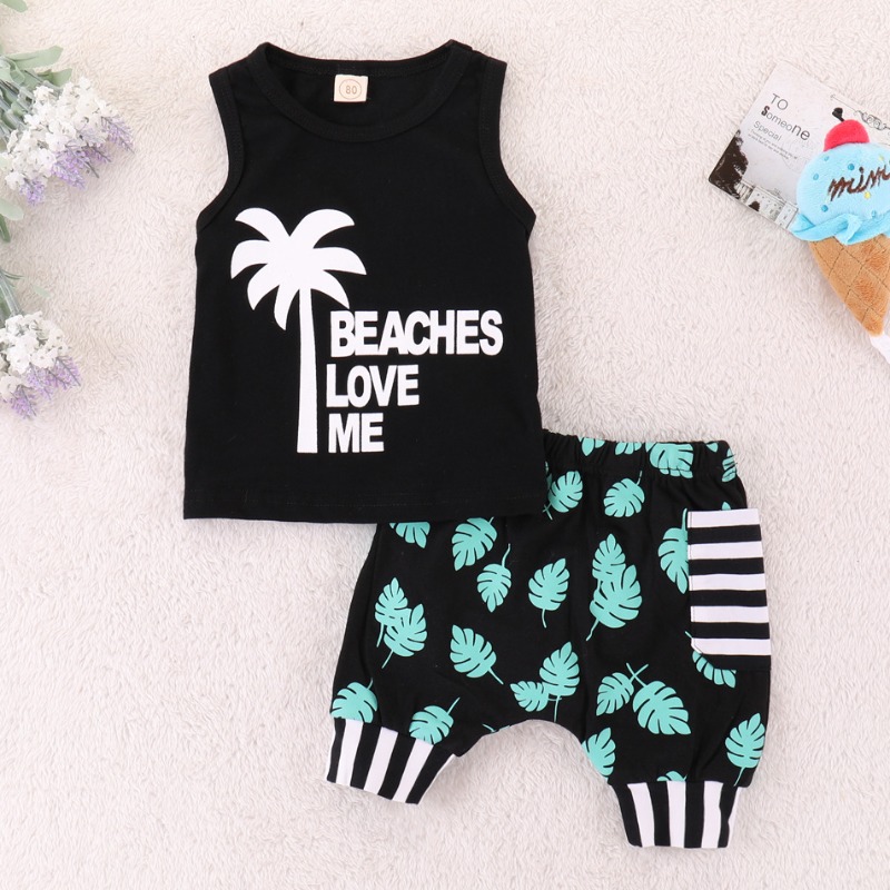 

lovely Leisure Plants Print Black Boy Two-piece Shorts Set