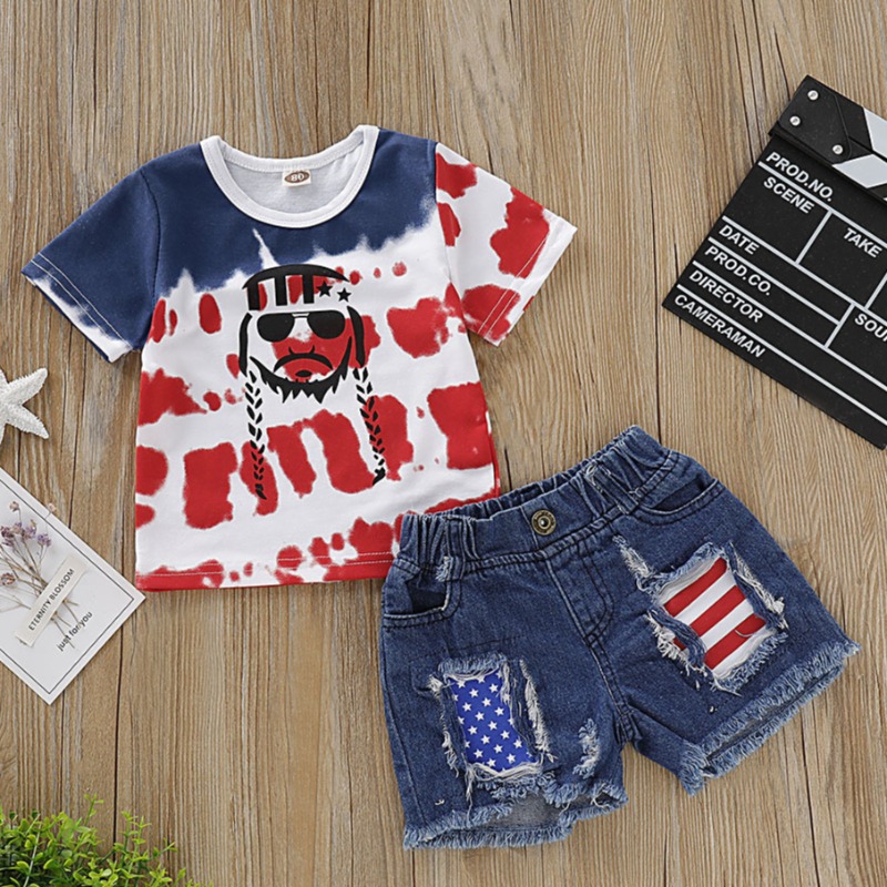 

lovely Independence Day Casual Print Blue Boy Two-piece Shorts Set