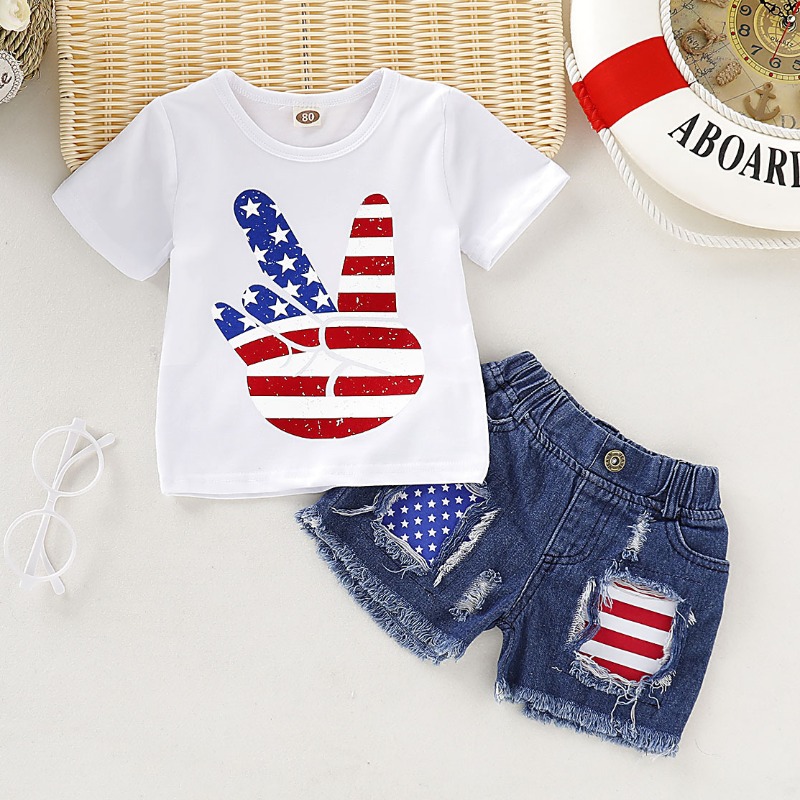 

lovely Independence Day Casual Print White Girl Two-piece Shorts Set