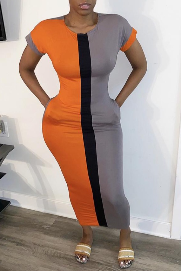 

lovely Casual Patchwork Orange Ankle Length Dress