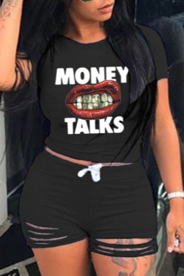

Lovely Casual Letter Print Black Two-piece Shorts Set