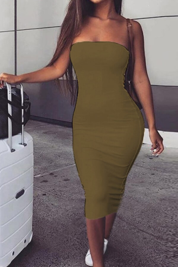 

Lovely Trendy Dew Shoulder Khaki Knee Length Dress