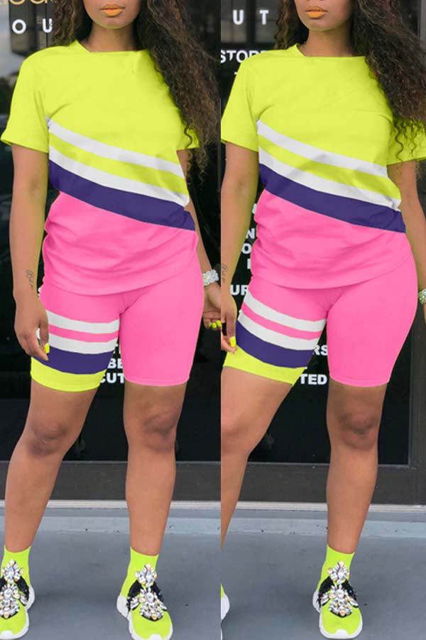 

lovely Leisure Color-lump Patchwork Pink Two-piece Shorts Set