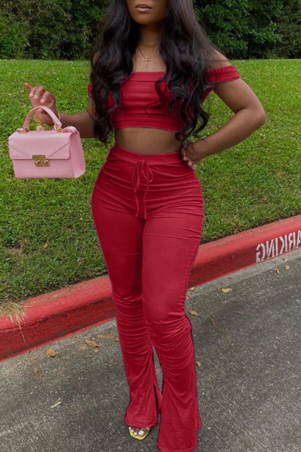 

LW SXY Crop Top Ruched Drawstring Pants Set, Red