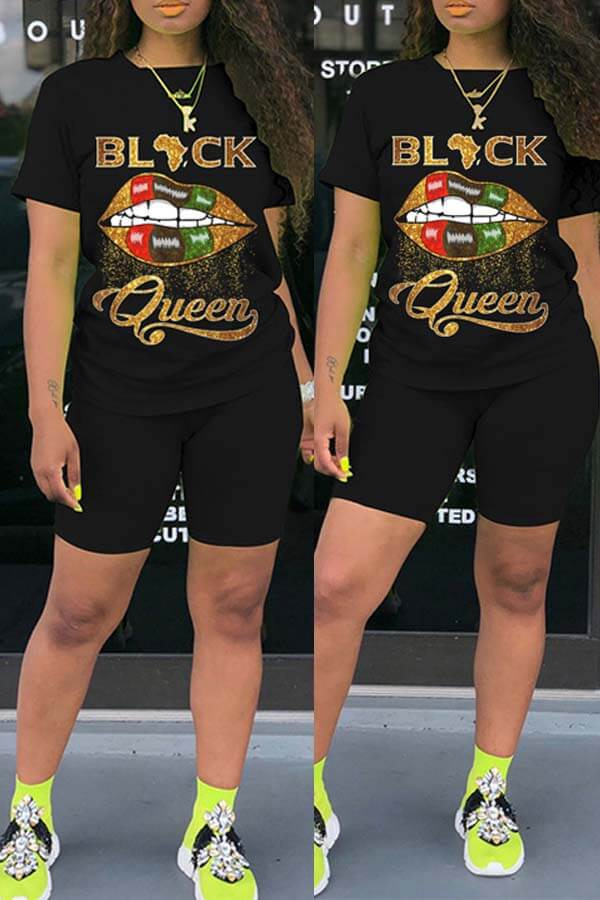 

LW Casual Lip Print Black Two-piece Shorts Set