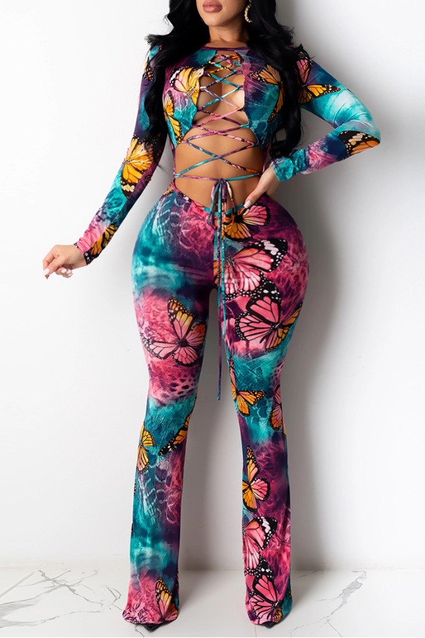 

lovely Stylish Butterfly Print Blue Plus Size One-piece Jumpsuit