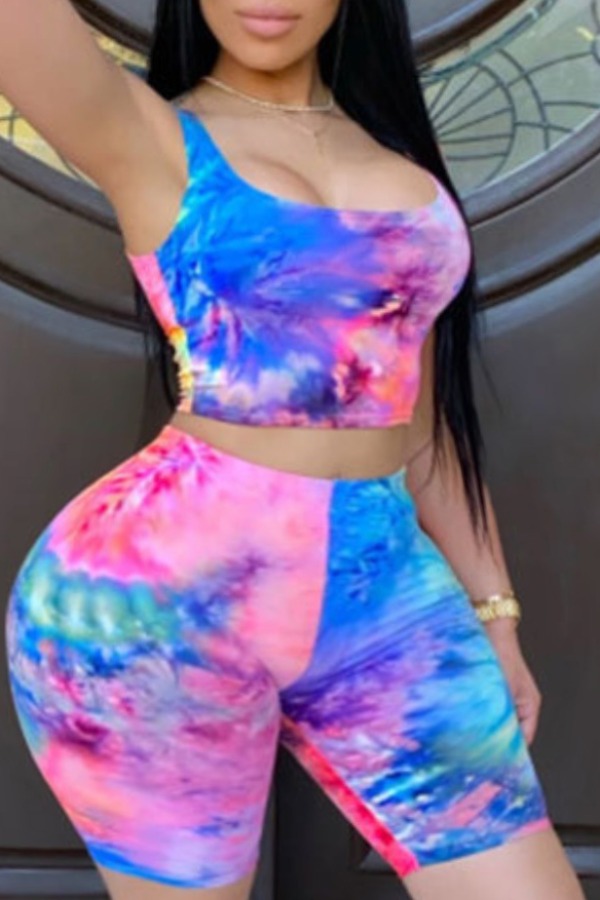 

lovely Leisure Tie-dye Blue Plus Size Two-piece Shorts Set