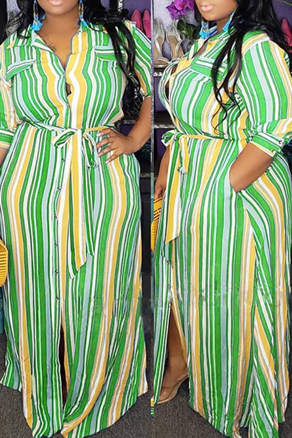 

lovely Casual Striped Print Green Maxi Plus Size Dress