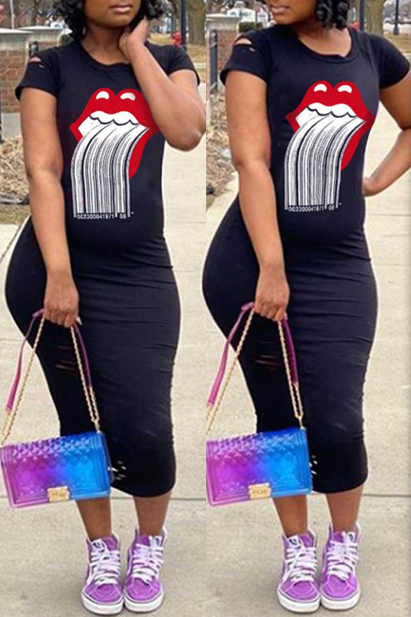 

Lovely Leisure O Neck Lip Print Black Mid Calf Dress