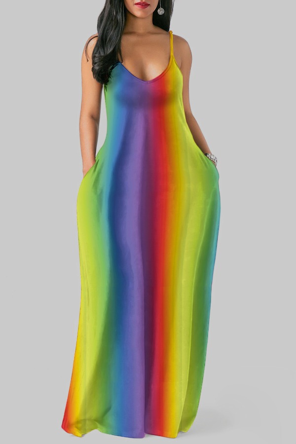 

Lovely Casual Striped Multicolor Maxi Plus Size Dress, Multicolor stripe