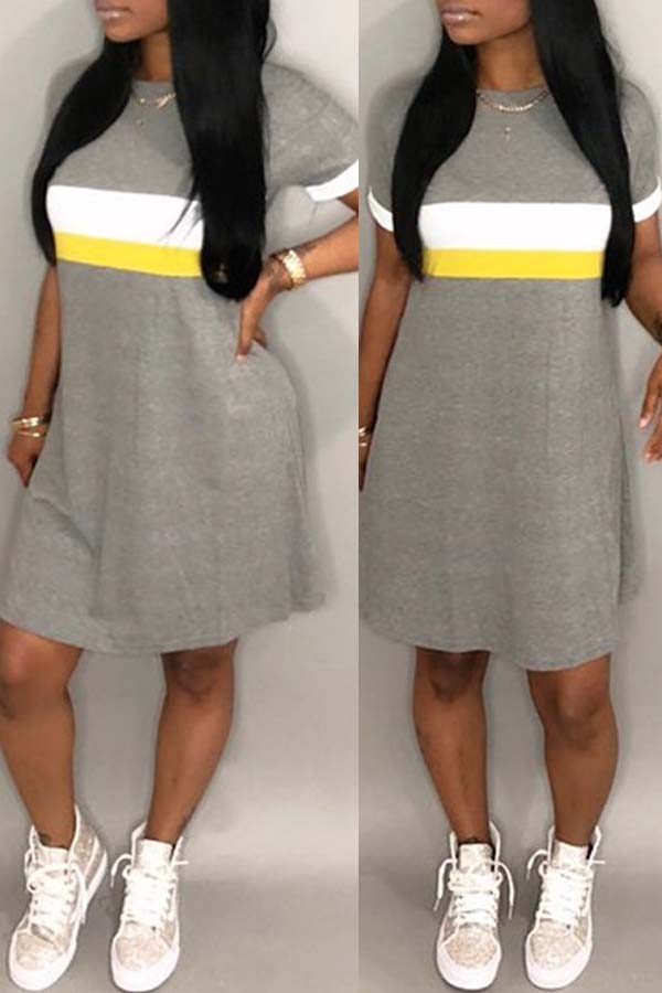 

lovely Casual Patchwork Grey Mini Plus Size Dress