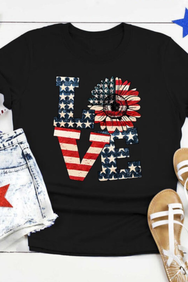 

lovely Independence Day Casual Letter Print Black T-shirt