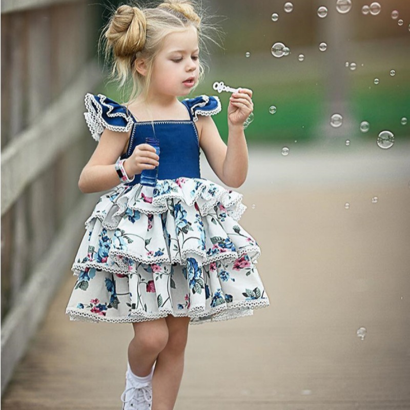 

lovely Sweet Layered Cascading Ruffle Blue Girl Knee Length Dress
