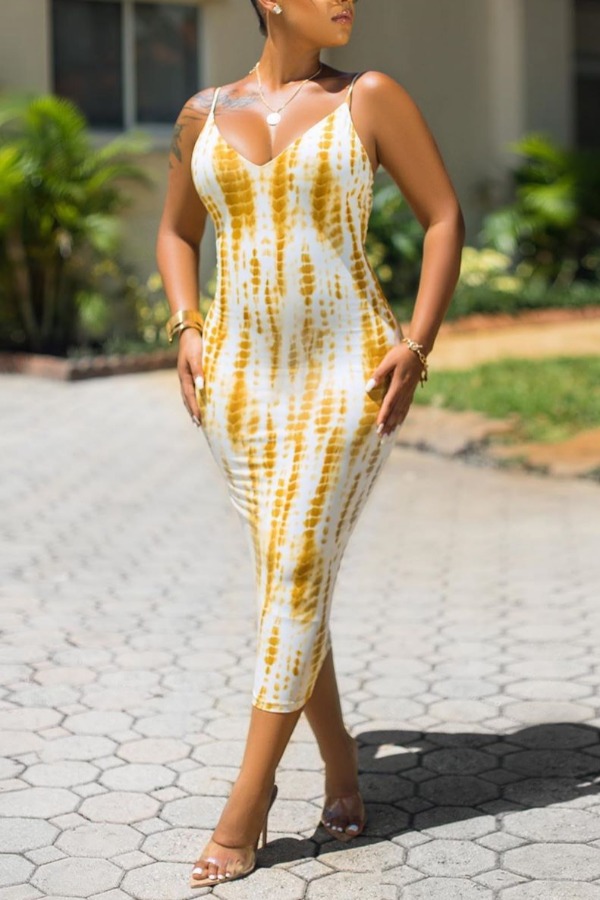 

lovely Sexy Print Yellow Mid Calf Dress