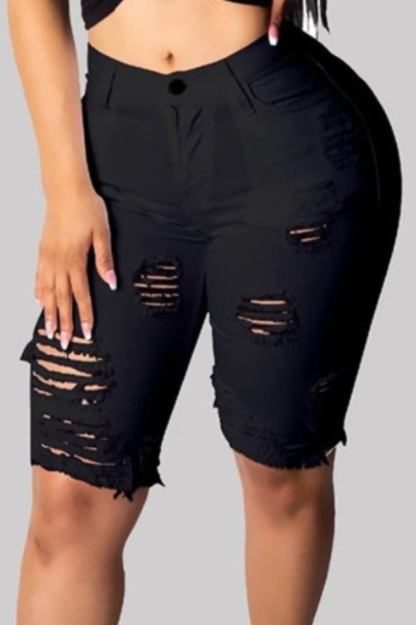 

lovely Casual Broken Holes Black Plus Size Denim Shorts