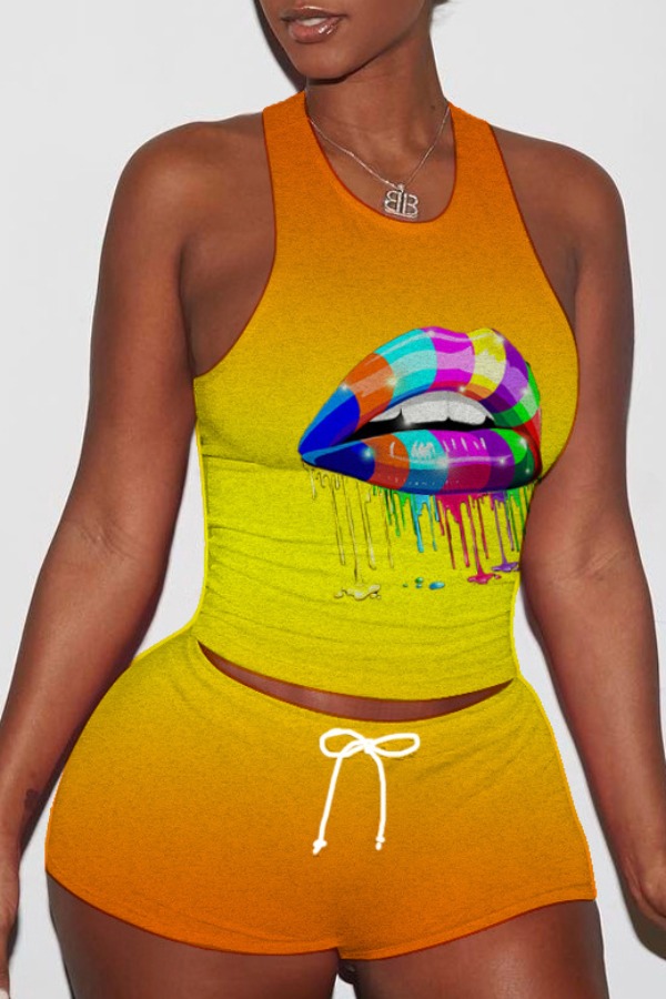 

lovely Sportswear Lip Print Yellow Two-piece Shorts Set