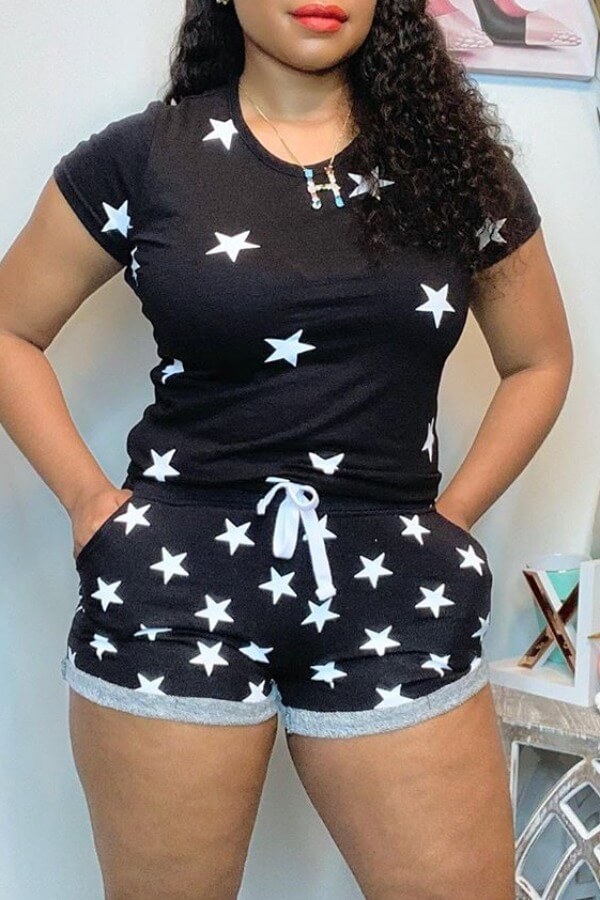 

Lovely Casual Print Patchwork Black Two-piece Shorts Set