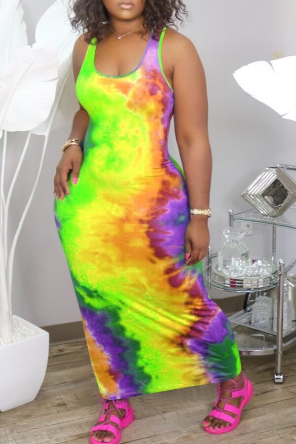 

Lovely Casual Tie-dye Yellow Ankle Length Dress
