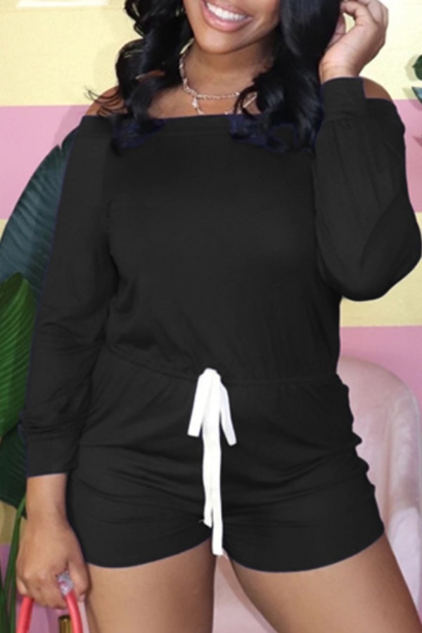 

Lovely Leisure Drawstring Black One-piece Romper