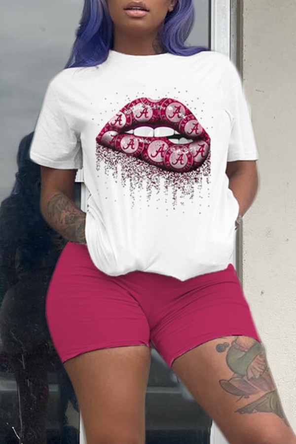 

lovely Casual Lip Print Red Two-piece Shorts Set