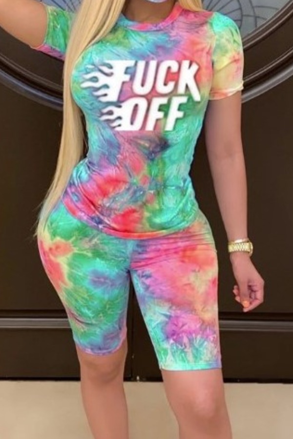 

lovely Street Letter Print Tie-dye Green Two-piece Shorts Set