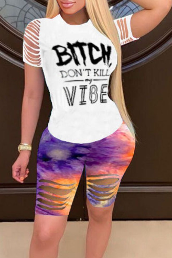

lovely Sexy Letter Print Hollow-out Purple Two-piece Shorts Set