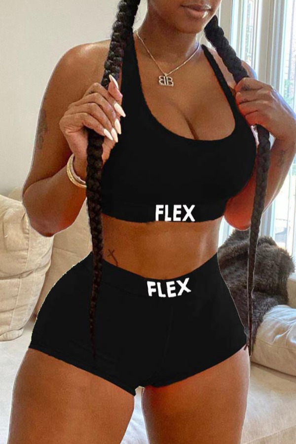 

lovely Sportswear Letter Print Black Two-piece Shorts Set