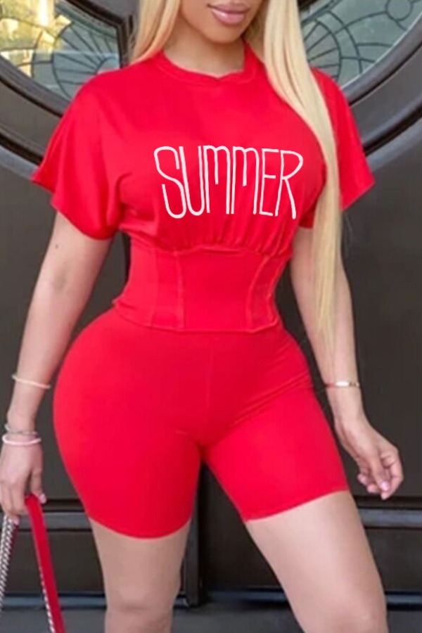 

lovely Sportswear Letter Print Red Two-piece Shorts Set