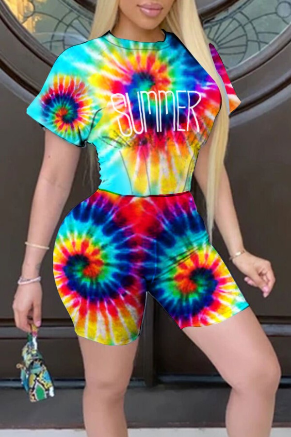 

lovely Casual Tie-dye Letter Print Blue Two-piece Shorts Set