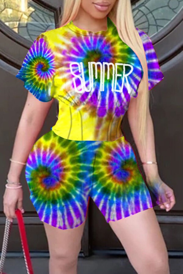 

lovely Casual Tie-dye Letter Print Purple Two-piece Shorts Set