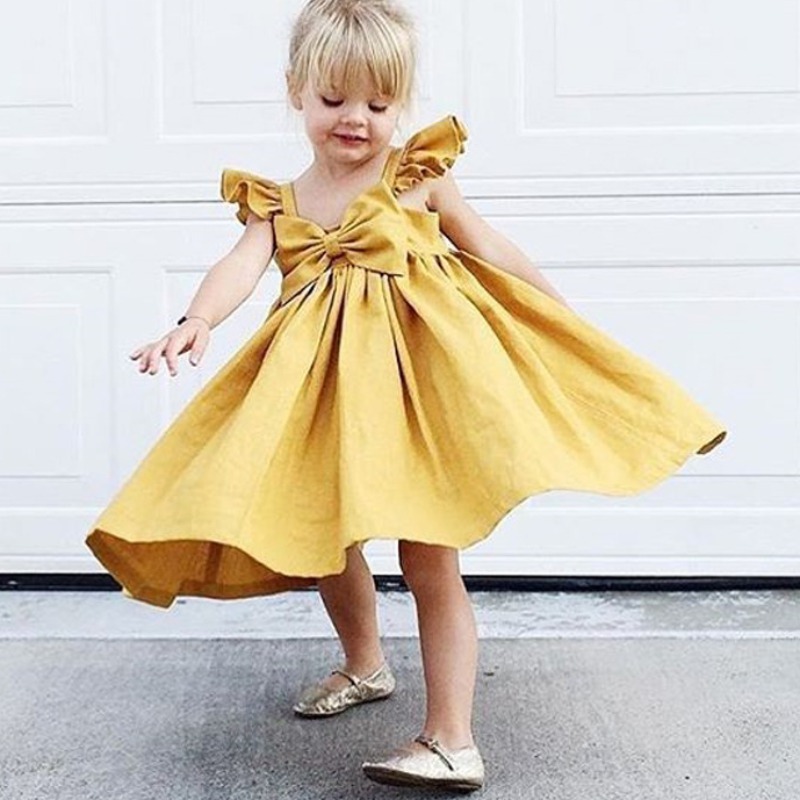 

lovely Casual Bow-tie Design Yellow Knee Length Girl Dress