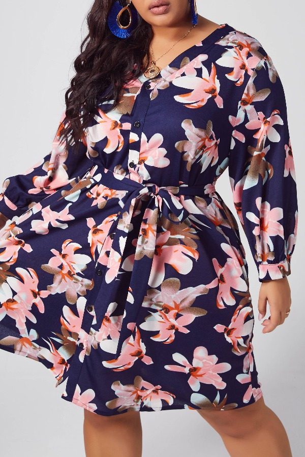 

lovely Trendy Hubble-bubble Sleeve Print Navy blue Knee Length A Line Plus Size Dress