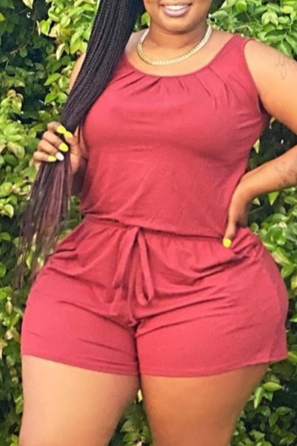 

Lovely Casual Drawstring Wine Red Plus Size One-piece Romper