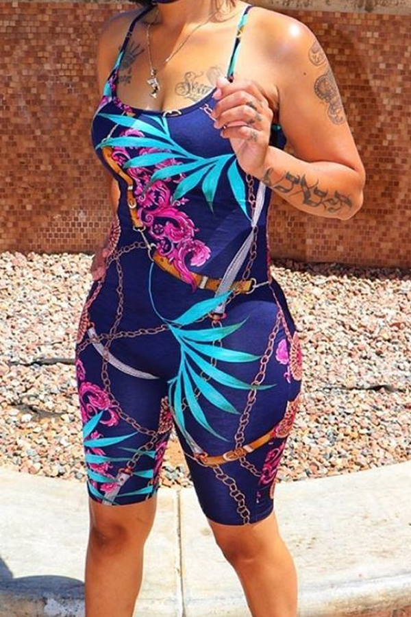 

lovely Bohemian Spaghetti Strap Print Dark Blue One-piece Romper