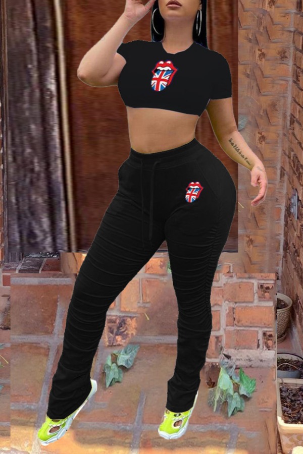 

Lovely Street Lip Print Black Two-piece Pants Set